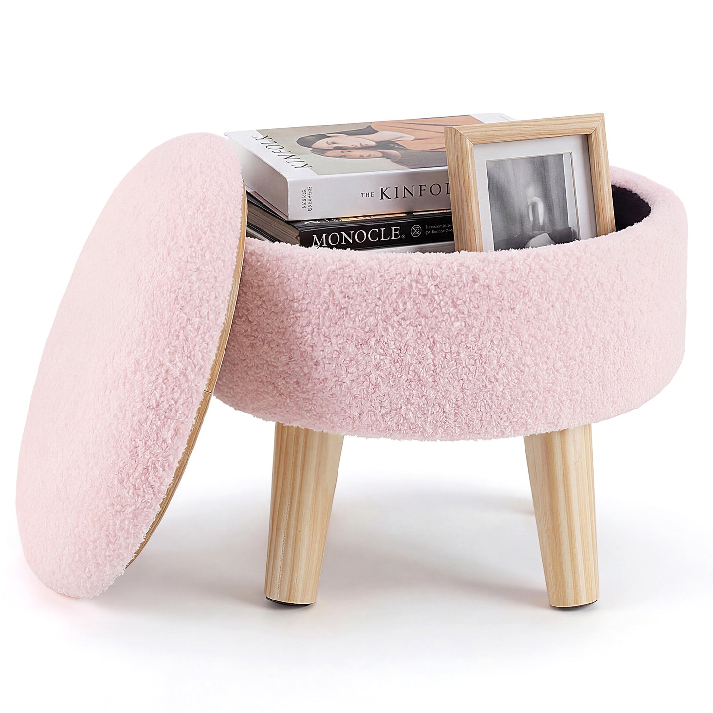 Round Velvet Storage Ottoman with Wooden Legs