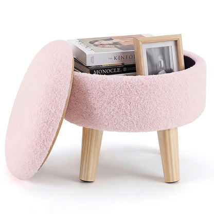 Round Velvet Storage Ottoman with Wooden Legs