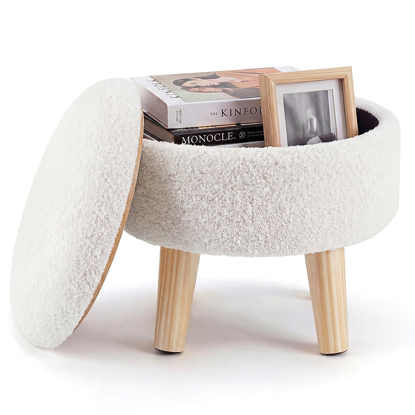 Round Velvet Storage Ottoman with Wooden Legs