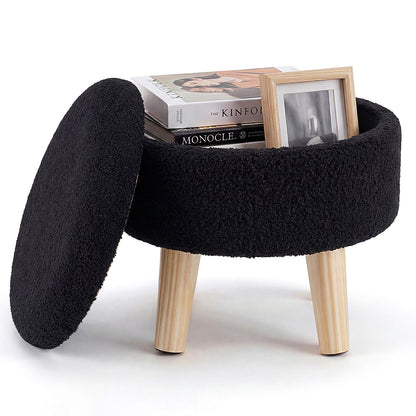 Round Velvet Storage Ottoman with Wooden Legs